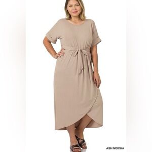 “I Choose Me” Faux Wrap Belted Knit Dress in Ash Mocha
